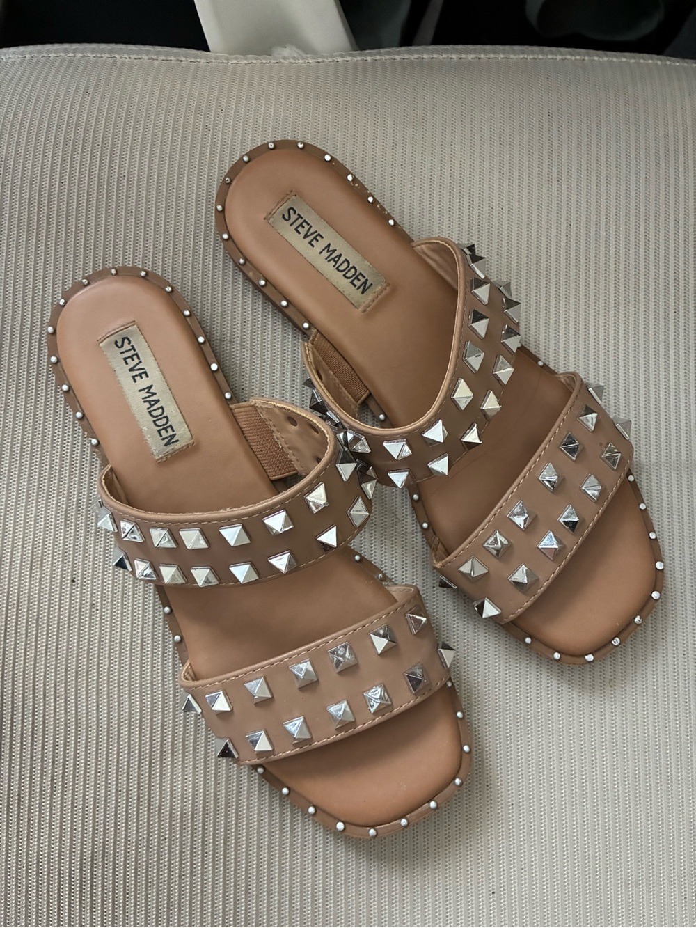 Steve Madden Nude/Tan Pyramid Stud Double-Strap Slide Sandals